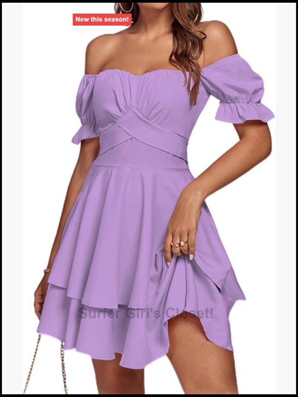 Off Shoulder Wrap Mini Dress - Ruched Bust, Tie Back, Ruffle Hem